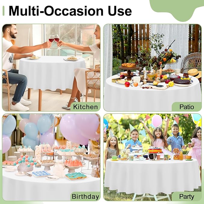 misaya 4 Packs Disposable Plastic Table Cloth, 84" Round Waterproof Tablecloth, Leakproof & Sturdy Decorative Table Covers for Picnic, Party and Outdoor, White
