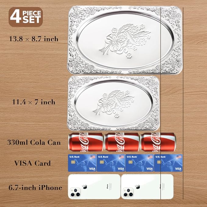 4-Pack Small Silver Serving Trays Set - ZENOVLUX Oval Vintage Engraved Mirror Decorative Tray, 11.4" x 7" Wedding Party Platters for BBQ, Food, Appetizer, Charcuterie, Cookies, Desserts