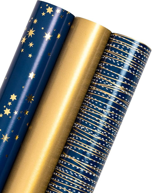 WRAPAHOLIC Wrapping Paper Roll - Mini Roll - 3 Rolls - 17 Inch X 120 Inch Per Roll - Navy and Gold Star/Stripe/Gold Pearlized Print for Birthday, Father's Day, Holiday, Party