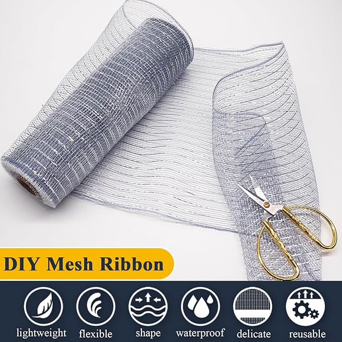 2 Pcs Silver Deco Mesh Ribbon Rolls 10 Inch 10 Yards(30 ft) Decorative Mesh Fabric with Foil for Wreaths Christmas Tree Ribbon Door DIY Craft Halloween Decor Wedding Party Supplies (Silver, 2Pcs)