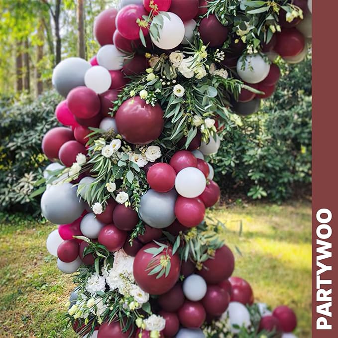 PartyWoo Burgundy White and Gray Balloons 66pcs 12 Inch Burgundy Maroon White Grey Balloons for Graduation Baby Shower Birthday New Year's Eve Anniversary Bachelorette Retirement Party Decorations