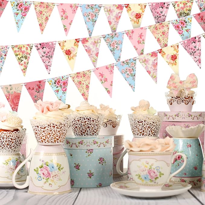 Funtery 5 Pcs Retro Bright Floral Paper Garland Chic Tea Party Decorations Wildflower Garland Floral Triangle Banner for Wedding Birthday Parties Festivals Home Outdoor Hanging Decorations