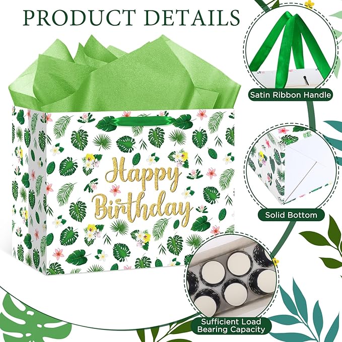 Yomaiha Tropical Hawaiian Birthday Gift Bag with Tissue Paper and Greeting Card, Summer Palm Leaves Happy Birthday Wrapping Paper Bag for Men Women Boys Girls Luau Party Decorations Supplies