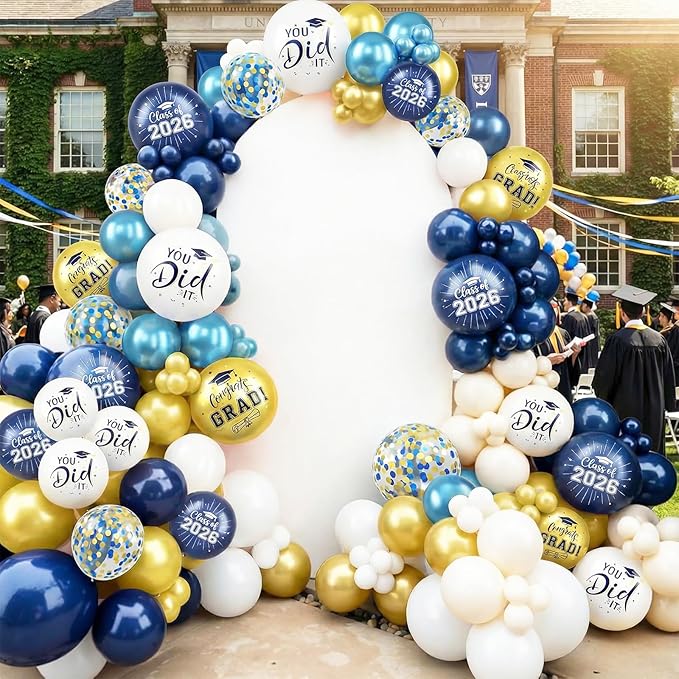 Blue and Gold Graduation Balloons, 60PCS Congrats GRAD Printed Balloon, 12 Inch Navy Blue White Metallic Blue Gold Confetti Latex Party Balloons Helium for Class of 2026 Graduation Party Decorations