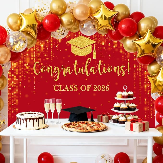 Mocsicka Class of 2026 Backdrop Red Gold Glitter Bokeh Graduation Party Background 2026 Congrats Grad Prom Party Cake Table Decoration Photo Booth Props (7x5ft)