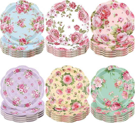 Umigy 120 Pcs Vintage Floral Paper Plates 7 Inch Rose Party Plate Tea Party Watercolor Disposable Dessert Plates for Birthday, Baby Shower, Bridal Shower & Garden Bloom Decoration Supplies