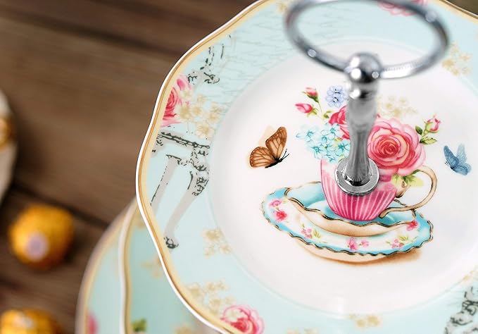 Jusalpha Light Blue 3-tier Ceramic Cake Stand- Cupcake Stand- Tea Party Pastry Serving Platter Comes In a Gift Box- Free Sugar Tong (FD-QD3T)