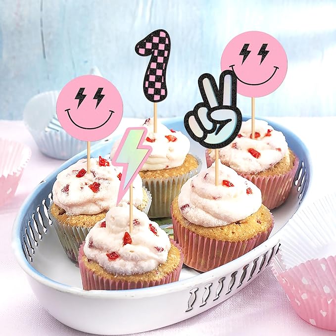 Ercadio 24 Pack Smile Cupcake Toppers Pink 1 Lightning Scissorhands Cupcake Picks Smiley Assorted Cake For Girls Baby Shower Birthday Party Cake Decoration Supplies