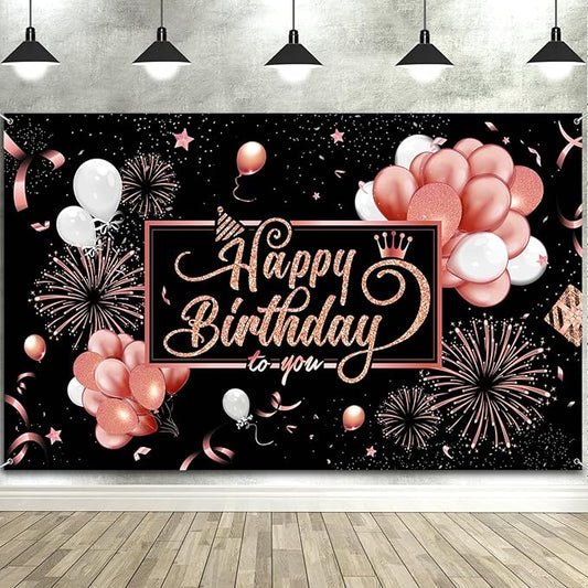 Blulu Happy Birthday Backdrop Banner Sign Poster Large Fabric Glitter Balloon Fireworks Sign Photo Backdrop Background for Birthday Party Decoration Supplies, 72.8 x 43.3in (Pink and Black)