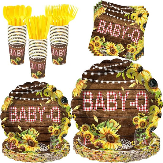 Havawish 168 Pcs BBQ Baby Shower Decorations Tableware Set Rustic Barbecue Gender Reveal Disposable Plates Cups Napkins Knives Forks Spoons with Yellow Sunflowers Design for 24 Guests Party Supplies