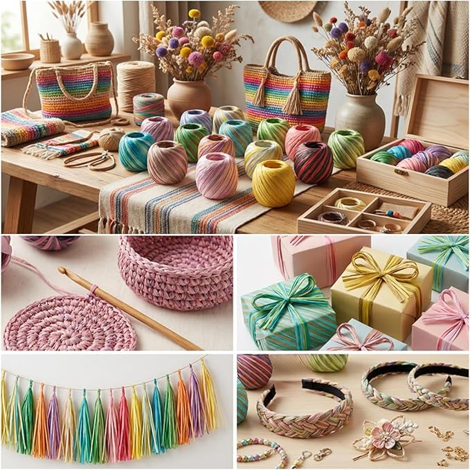 Raffia Paper Ribbon Multicolored Section Dyeing Strings 15 Rolls Set for Gift Box Wrapping and DIY Decoration (3-Color Gradient Dyeing)