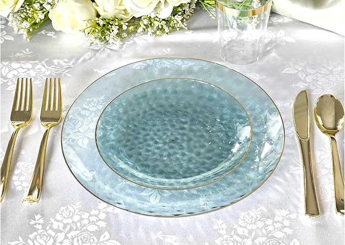 " OCCASIONS " 100 Plates Pack (50 Guests) Wedding Party Disposable Plastic Plate Set -50 x 10'' Dinner + 50 x 7'' Salad/dessert plates (Coastal Clear Blue & Gold)