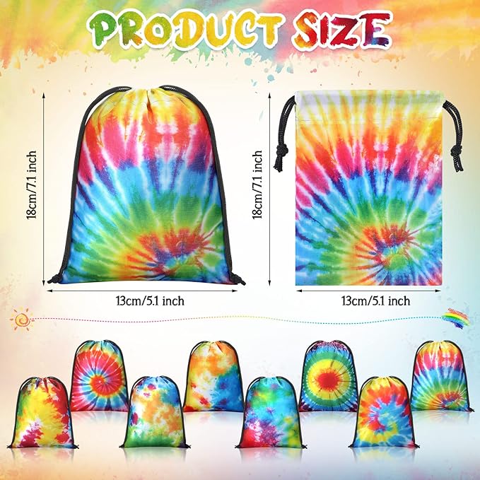 24 Pcs 7x5 Inch Tie Dye Drawstring Bags Tie Dye Goodie Bags Reusable Polyester Colorful Treat Candy Pouches for Summer Birthday Party Supplies