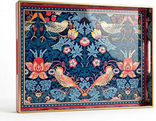 Decorative Tray, Marbling Plastic Tray with Handles, Rectangular Vanity Tray and Serving Tray for Bathroom, Kitchen, Ottoman and Coffee Table (Blue Flower Bird, 15.7 x 11.8 Inch)