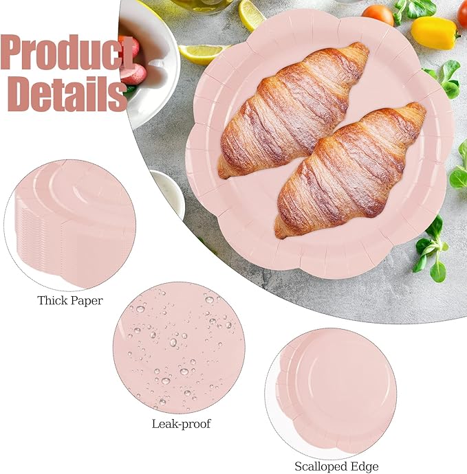 50 Pack Pink Paper Plates 7 Inch, Disposable Scalloped Plates Cake Dessert Plate for Dinner Baby Shower Wedding Bridal Shower Birthday Party Supplies (Pink, 7 inch)