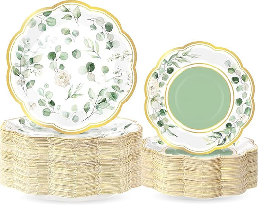 Funnymoom 60 Pcs Eucalyptus Greenery Paper Plates 9 in and 7 in Sage Green Dessert Party Plates with Gold Rim Disposable Floral Shape Tableware for Wedding Birthday Party Baby Shower Bridal Shower