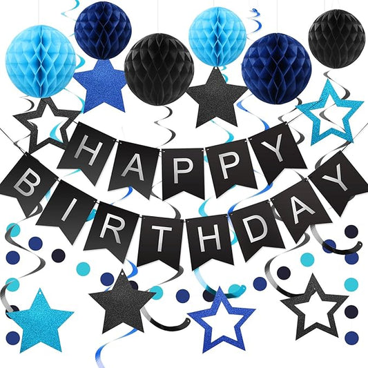 meowtastic Birthday Decorations, Happy Birthday Banner with Honeycomb Balls, Stars Hanging Swirl Streamers, Circle Dots Garland, Happy Birthday Party Decorations for Women Men Boys Girls (Black&Blue)