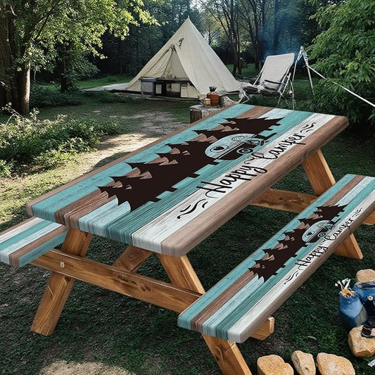 Happy Campers Picnic Table Cover with Bench Covers, Rustic Wooden RV Travel Trailer Waterproof Tablecloth for Patio Camping Indoor Outdoor Party Decorations with Drawstring Bag, 30X72in, 3PCS