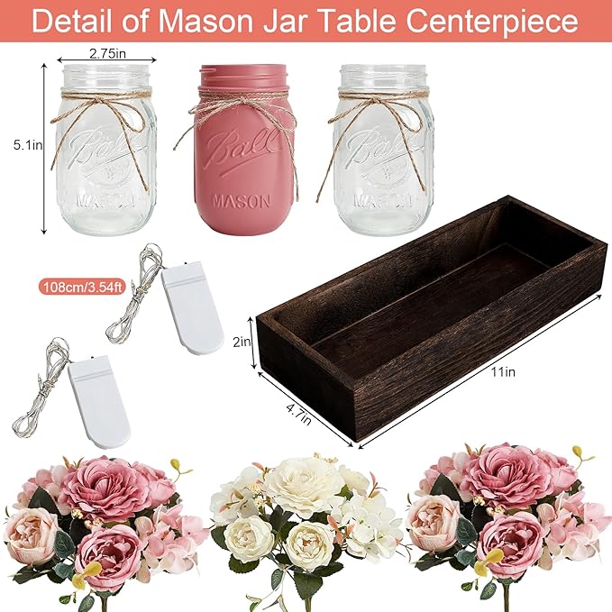 Mason Jar Centerpiece Table Decor for Dining Room Farmhouse Coffee Table Decor with Wood Tray Fairy Lights Fake Flowers for Valentine's Day Kitchen Living Dining Room - Pink White