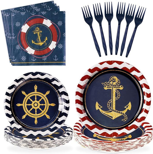 Grencian 96Pcs Nautical Anchor Party Supplies Navy Nautical Party Plates Sailor Boat Ship Paper Plates Disposable Anchor Theme Tableware Set for Baby Shower Birthday Party, Serves 24