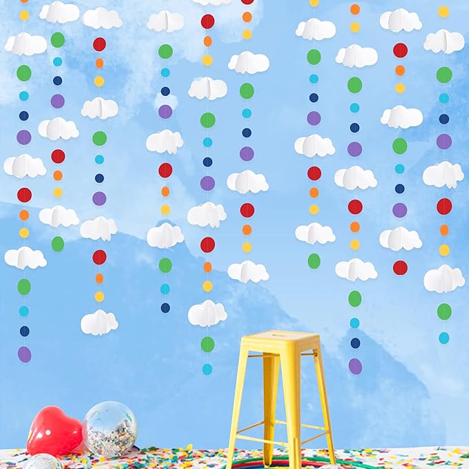 3D Cloud Decorations Rainbow Circle Dots Clouds Hanging Colorful Garland Streamer Cutout for Birthday Baby Shower Wedding Carnival Party Supplies Nursery Kids Room Classroom Ceiling Wall Art Decor