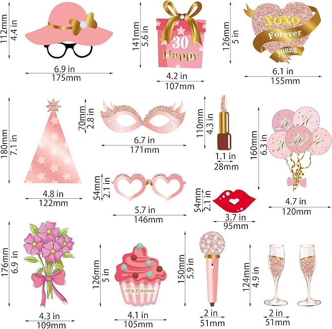 Birthday Decorations, Tumwisk 33PCS 30th Birthday Decorations for Girls, Rose Gold Happy 30th Photo Booth Props Glitter Girl Party Selfie Props(30th)