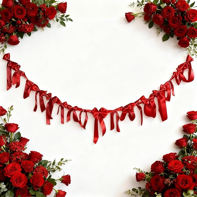Meseey Red Satin Bow Garland Banner Coquette Bachelorette Party Decor,Bridal Shower Backdrop,Wedding & Engagement Party Supplies,Birthday Decoration,Photo Booth Props(Red)