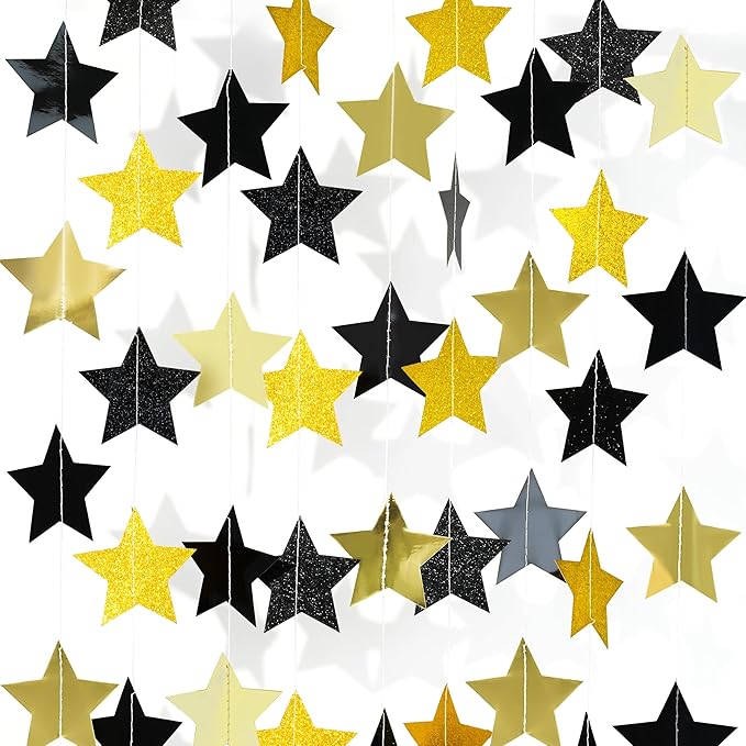 40Ft Black Gold Glitter Star Garland Double Sided Hanging Star Streamers, 2026 Graduation Decor Star Banner for Black and Gold Party, Birthday, Wedding, New Year Eve Party Supplies