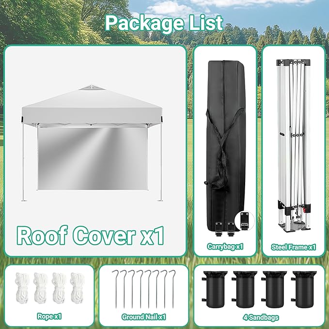 10X10FT White Pop Up Canopy Tent with 1 Sidewalls & Roller Carrybag, Outdoor Adjustable Height Instant Shelter Gazebo with Sturdy Ground Spikes & Sandbags for Camping, Patio, Backyard, Event