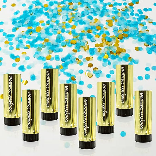 8 PCS Confetti Poppers Cannons for Gender Reveal Wedding Birthday Graduation Baby Shower Anniversary Christmas New Year's Kids Fun Party Supplies Decorations and Favors (Blue + Gold)