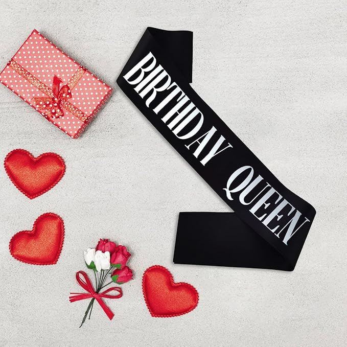 Birthday Queen Sash, Silver Foil Black Birthday Sash for Women 21st 30th 40th 50th 60th 70th Fun Birthday Party Favors Gifts Decorations