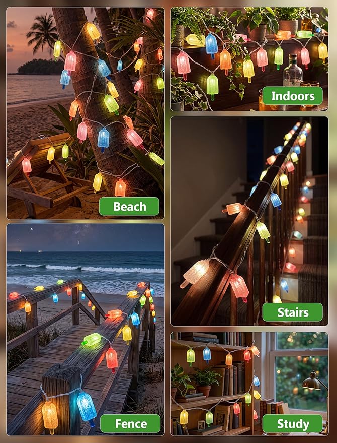 Tropical Beach Themed LED Popsicle String Lights 8.5Ft Summer Novelty Decorations Light with 10 Multicolor Ice Cream Lights, Plug in Fairy Light for Outdoor Patio Garden Bedroom Tent Birthday Party