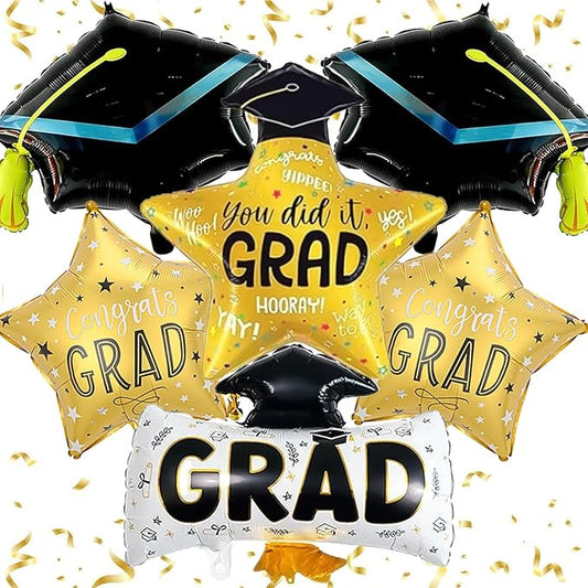 6pcs Graduation Cap Decorations Set, Graduation Balloon And Congrats Grad Balloons, Grad Foil Balloons For College High School Party Decorations 2026