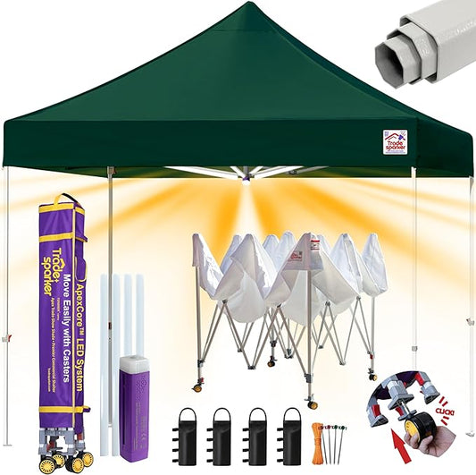Tradesparker 8x8 Pop Up Canopy Tent,Commercial Movable Canopy with ApexCore LED&Rugged Casters-Instant Easy Setup Shelter Canopies with Weight Bags&Stakes for Outdoor Events Markets,Forest Green
