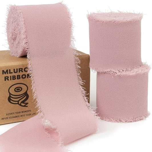 Dusty Rose Chiffon Ribbon 1-1/2 Inch x 21Yards Boho Frayed Mauve Ribbon Handmade Fringe Chiffon Silk Ribbon Dusty Pink Ribbon for Gift Wrapping, Wedding Invitation, Bridal Flower Bouquets