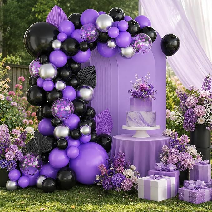 Black Purple Balloons Arch Kit,BTZO Metallic Silver Purple Confetti Balloon for Birthday Wedding Bridal Shower Graduations Party Decorations