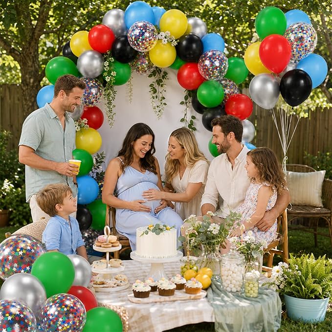 Multicolor Balloons, 60Pcs Red Yellow Blue Balloon, 12 Inch Latex Colorful Metallic Silver Green Black Red Blue Yellow Confetti Balloons Helium for Baby Shower Kids Birthday Wedding Party Decorations