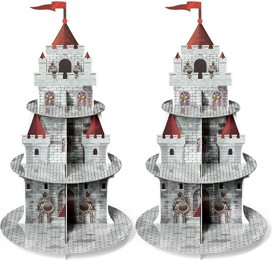 2Set Medieval Knight Cupcake Stand 3 Tiers Castle Birthday Party Cardboard Cupcake Holder Decorations Knight Party Dessert Tower Party Supplies for Kids Birthday Baby Shower Gender Reveal