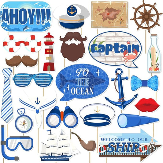 25Pcs Nautical Photo Booth Props Set, Sailor Themed Party Decorations, Ocean Voyage Photo Booth Props for Cruise Nautical Birthday Party Supplies