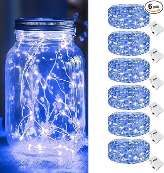 kolpop 6 Pack LED Fairy Lights Battery Operated, Mini Twinkle String Lights Battery Powered Waterproof for Christmas Mason Jars Party,Blue