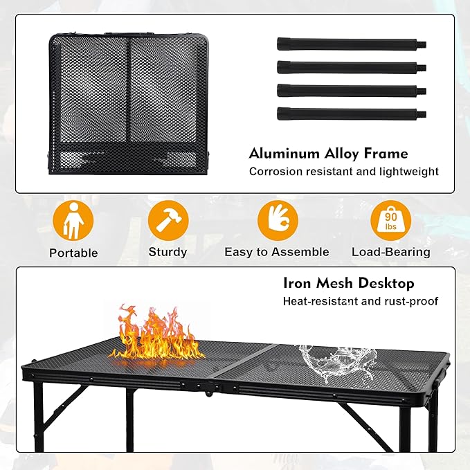 GREGIN Camping Table with Mesh Desktop, Lightweight & Portable Folding Grill Table, Height Adjustable Metal Outdoor Table for Camp, Cooking, BBQ, RV, Picnic-4 FT Black