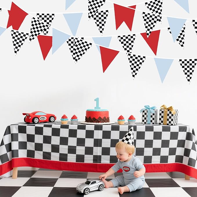 32Ft Racing Party Decorations Red Blue Black White Checkered Racing Car Fabric Banner Triangle Flag Pennant Garland Streamers for Kids Race Car Birthday Racetrack Baby Shower NASCAR Picnic Decor