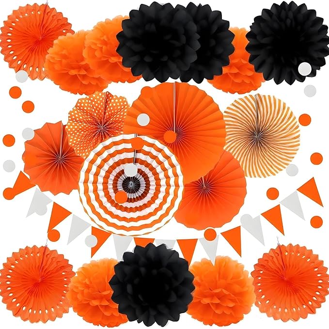 XIKSXITN 12 pc Orange Black Tissue Paper Pom poms-Hanging Paper Pom Poms Paper Flowers Ball for Halloween Party Decorations(10&12 inch)