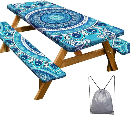 Picnic Table Cover with Bench Covers Camping Essentials Waterproof Windproof Camping Tablecloth with Drawstring Bag, Fitted Rectangle Tables and Seats, 72in, Air Superiority Blue