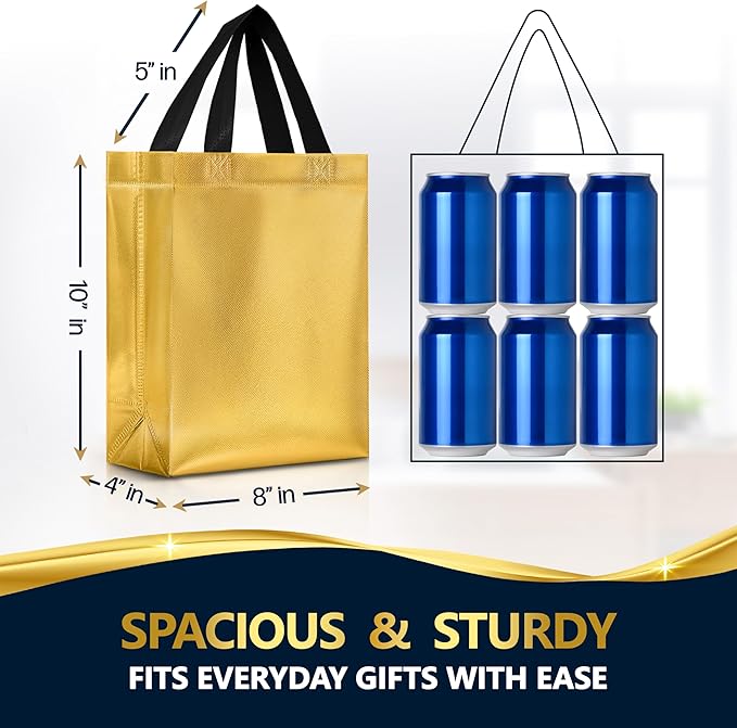 Nush Nush Set of 60 Shiny Gold Gift Bags Bulk - Medium Size Gold Reusable Gift Bags with Handles - For Christmas, Business, Bachelorette, Bridesmaids, Birthday Goodies and Party Favors - 8Wx4Dx10H
