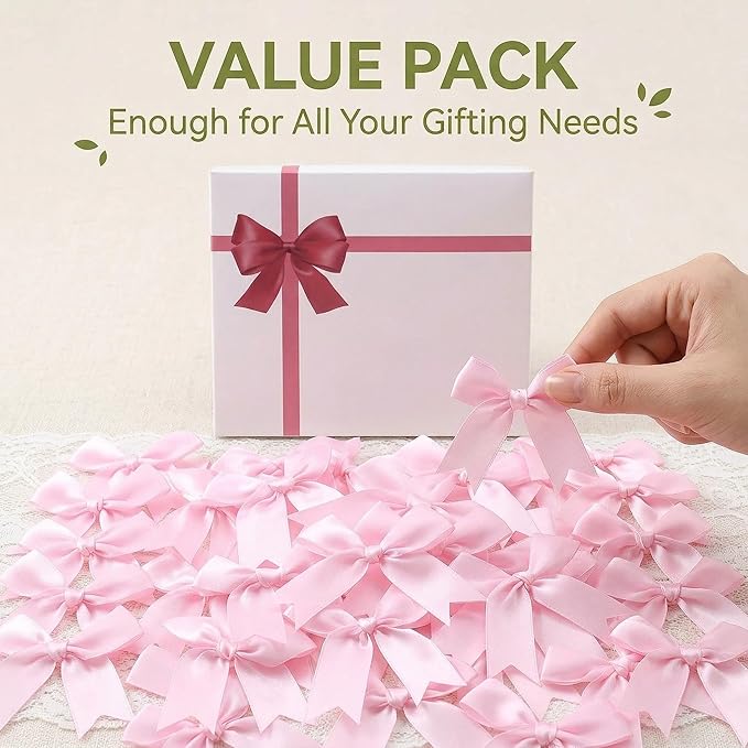 Pink Gift Wrap Bows – 100pcs 3.3 Inch Elegant Satin Bows for Gift Wrapping, Wedding Decor, Baby Shower, Party Decorations, Birthday, Christmas, Anniversary, DIY Crafts, Gift Bags