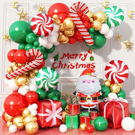 Christmas Balloon Arch Kit, 206pcs Christmas Balloons Green Red and Gold & Foil Mylar Balloons for Xmas Party and Happy New Year