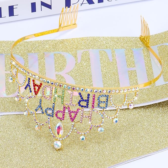 Gold Birthday Crown and Sash for Women Girls Gold Tiaras for Women Birthday Crowns for Girls Princess Crown Rhinestone Happy Birthday Hair Accessories