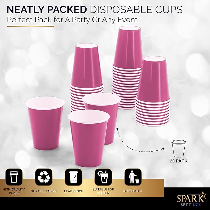 Disposable Paper Cups, 8 oz. Pink Paper Coffee Cups, Strong and Sturdy Coffee Disposable Cups for Party, Wedding, Thanksgiving Day, Christmas, Halloween Hot Cups, Pack of 20