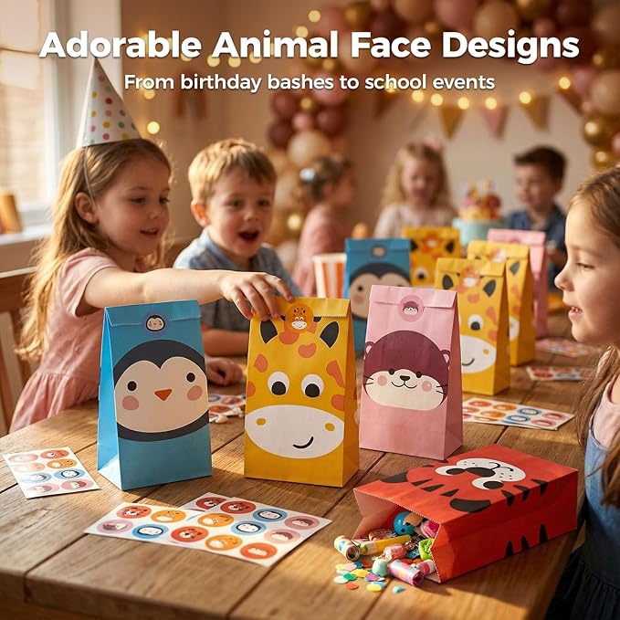 VGOODALL 36 Pack Animal Party Favor Bags with Stickers - 8.7"x4.7"x3.1" Jungle Safari Paper Goodie Bags, 4 Cute Animal Designs for Kids Birthday, Classroom Rewards, Baby Shower & Gift Packaging